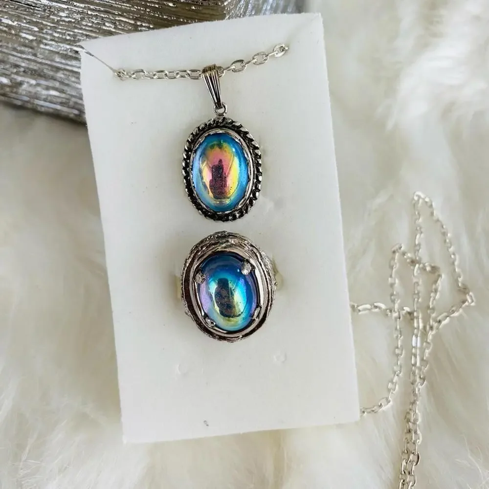 Native American Style Iridescent Blue Pendant Necklace with Matching Ring